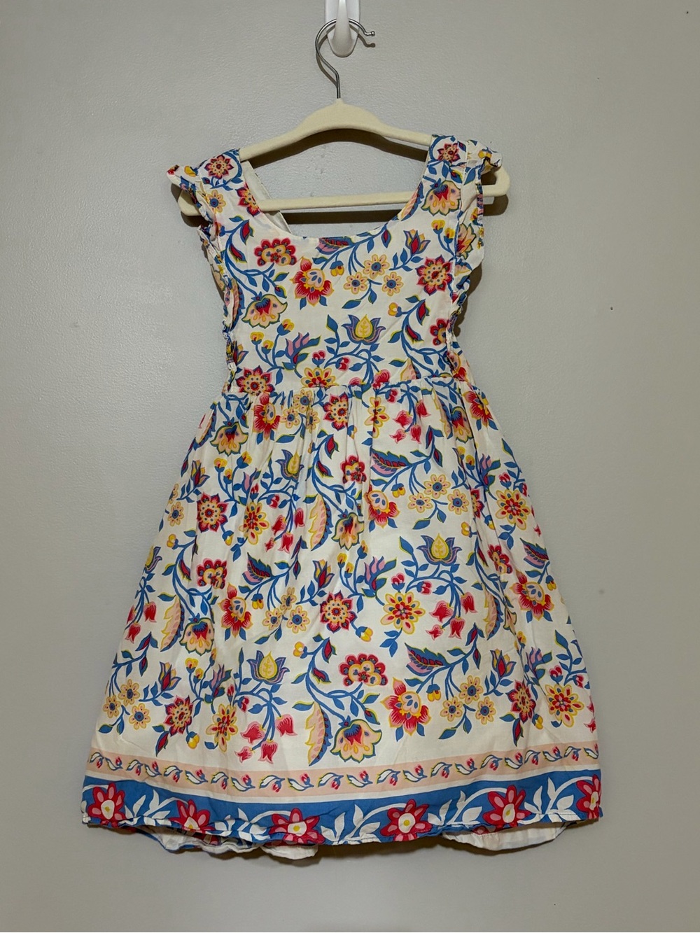 Mini Boden Cream Dress with Blue, Red & Yellow Floral Print Size 3-4 Years